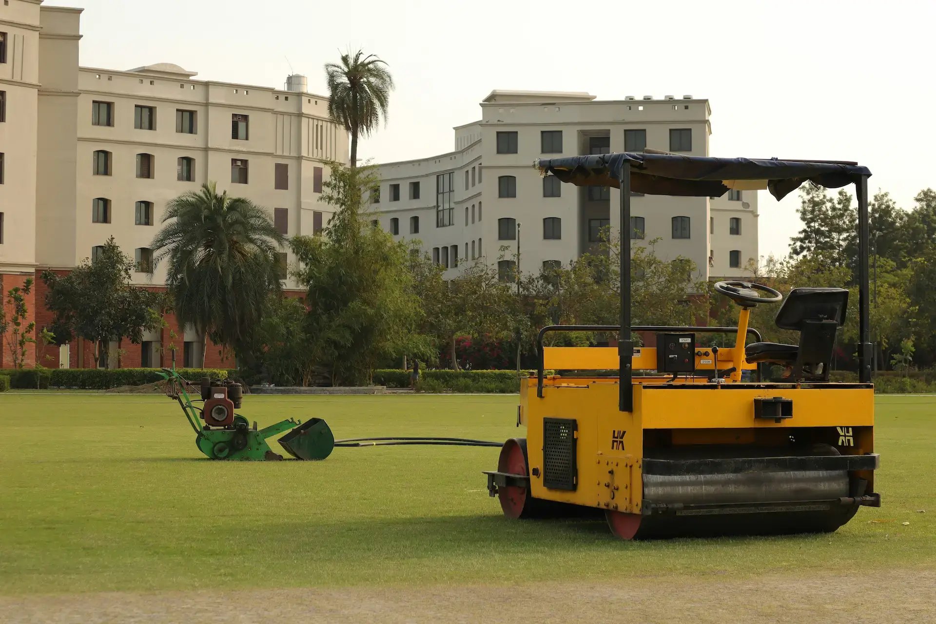 Agricultural equipment on sports field